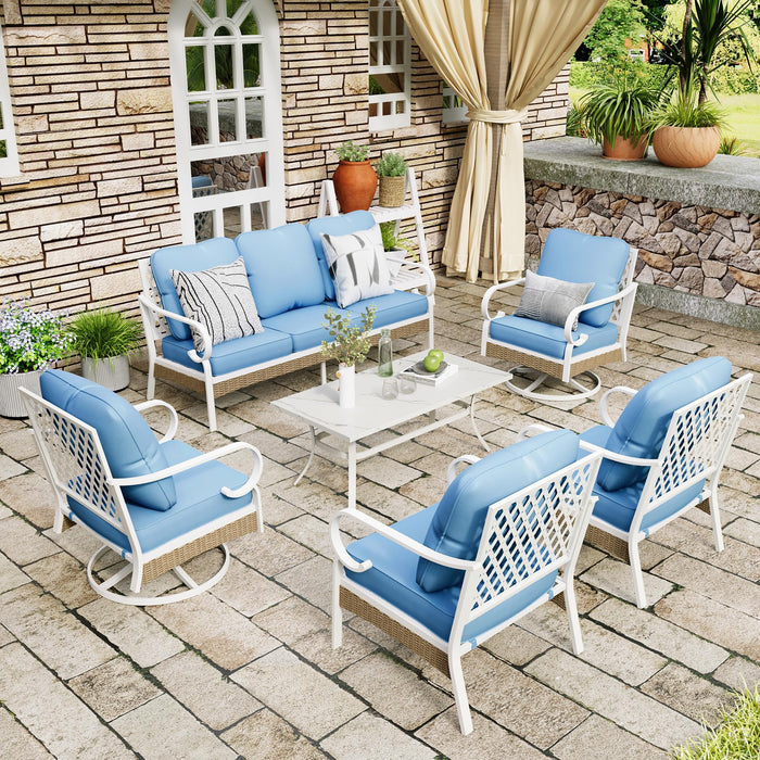 MIXPATIO 6 Piece Patio Furniture Set, 2 x Fixed Chair, 2 x Swivel Chair, 1 x 3-Seat Sofa with Marbling Coffee Table, All Cushioned 7 Seats Outdoor Conversation Set for Lawn Garden Backyard, Blue