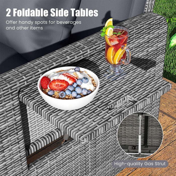 Tangkula Patio Rattan Daybed with 4-Level Adjustable Backrest, Outdoor PE Wicker Loveseat with Storage Ottoman & Folding Side Table, Double Sunbed for Balcony, Backyard & Poolside, Grey