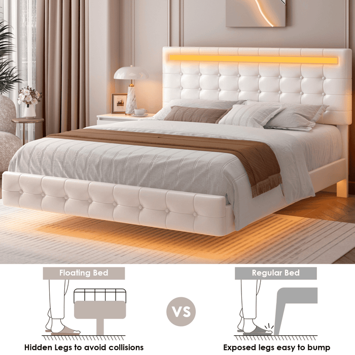 Homfa Queen Floating Bed with Lights, LED Platform Bed Frame with Unde