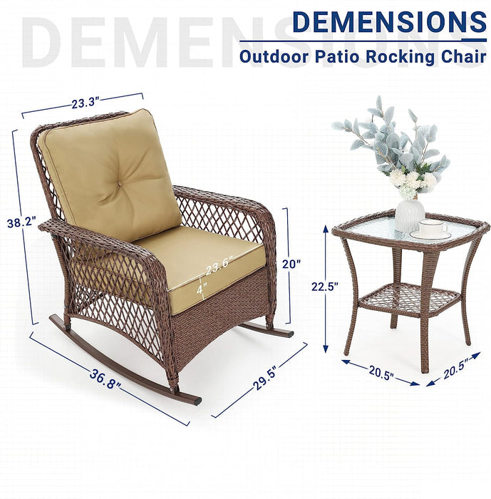 Techmilly 3-Piece Outdoor Rocking Chairs, Wicker Patio Furniture with