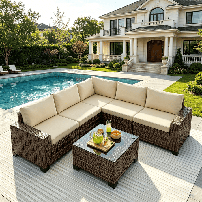 6 Piece Outdoor Patio Furniture Set, Asofer Rattan Wicker Outdoor Conv