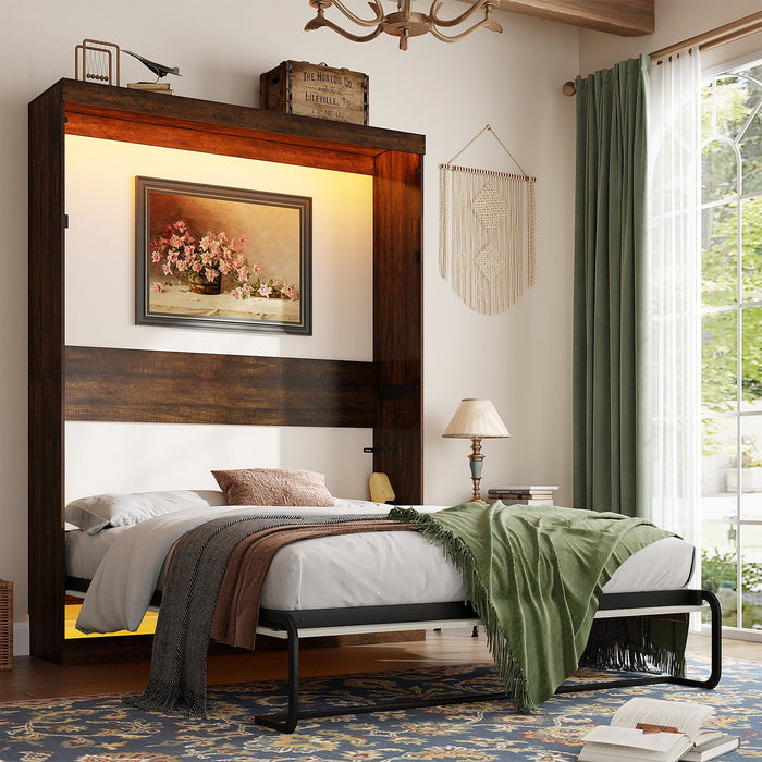 ChVans Queen Size Murphy Wall Bed with 2 LED Lights, Farmhouse Wood Sp