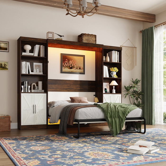 ChVans Queen Size Murphy Wall Bed with 2 LED Lights, Farmhouse Wood Sp