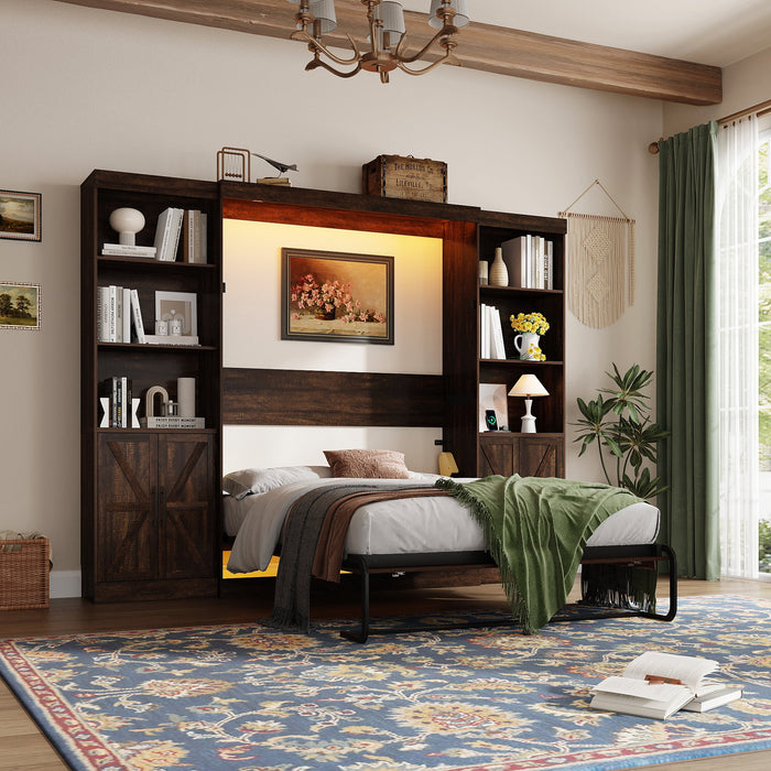 ChVans Queen Size Murphy Wall Bed with 2 LED Lights, Farmhouse Wood Sp