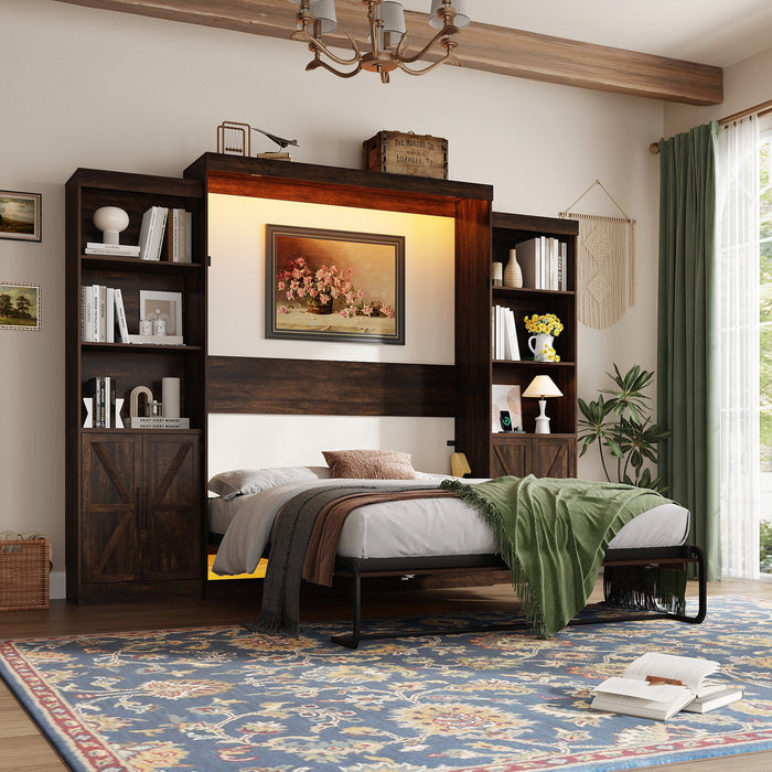 ChVans Queen Size Murphy Wall Bed with 2 LED Lights, Farmhouse Wood Sp
