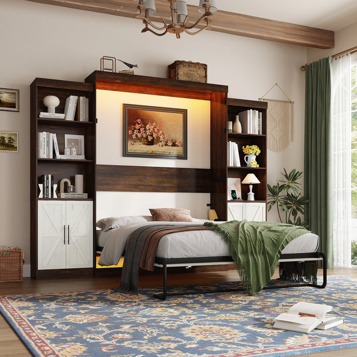 ChVans Queen Size Murphy Wall Bed with 2 LED Lights, Farmhouse Wood Sp