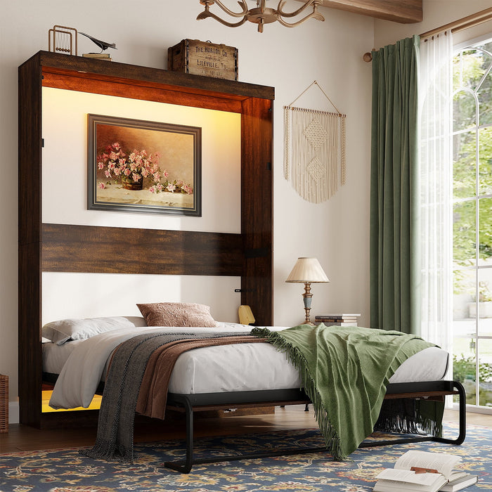 ChVans Queen Size Murphy Wall Bed with 2 LED Lights, Farmhouse Wood Sp