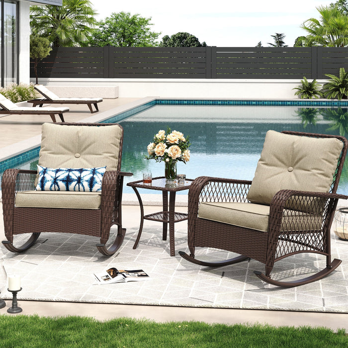 MRUAKA Outdoor Rocking Chairs Set of 3, Wicker Patio Furniture with Th