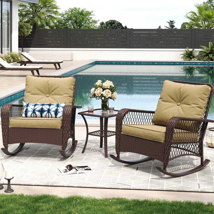 MRUAKA Outdoor Rocking Chairs Set of 3, Wicker Patio Furniture with Th