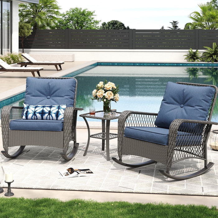 MRUAKA Outdoor Rocking Chairs Set of 3, Wicker Patio Furniture with Th