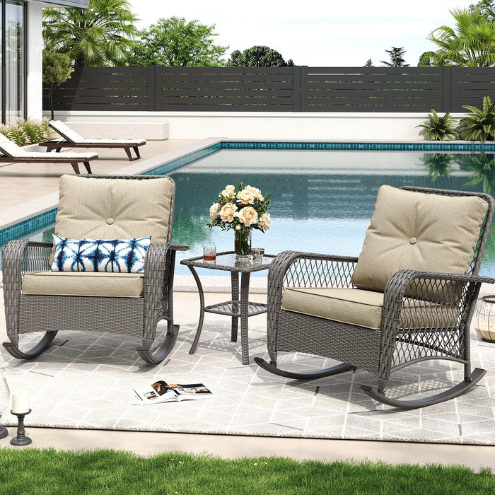 MRUAKA Outdoor Rocking Chairs Set of 3, Wicker Patio Furniture with Th