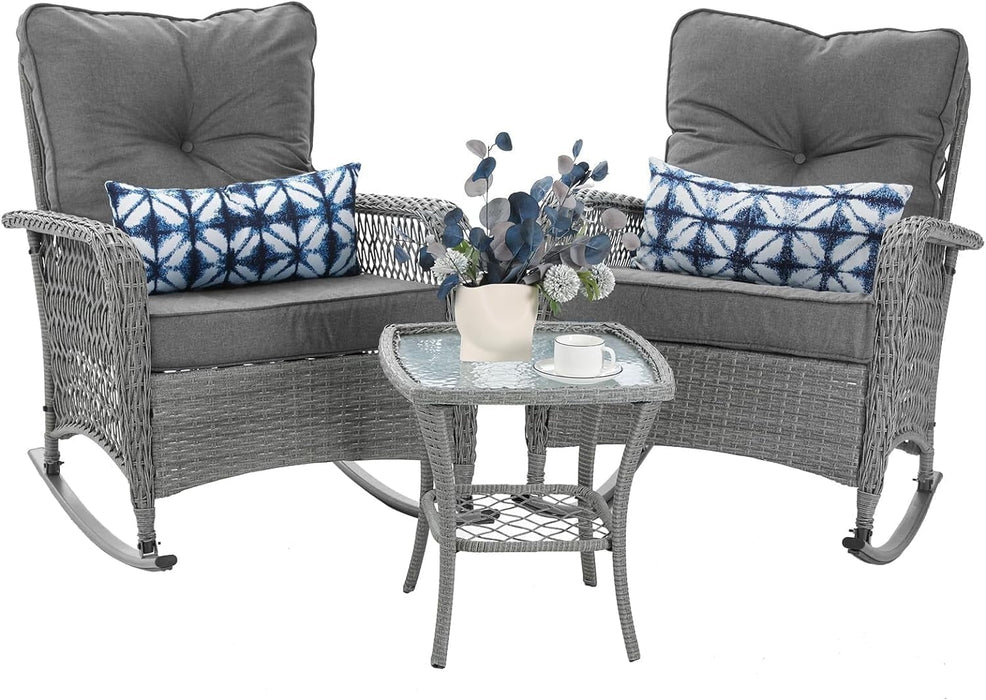 MRUAKA Outdoor Rocking Chairs Set of 3, Wicker Patio Furniture with Th