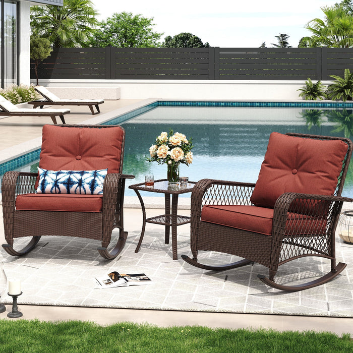 MRUAKA Outdoor Rocking Chairs Set of 3, Wicker Patio Furniture with Th