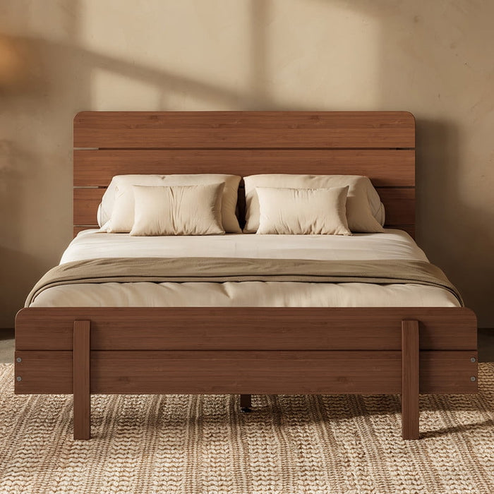 HICOMILA Full Size Solid Bamboo Platform Bed with Headboard, Upgraded