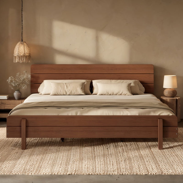 HICOMILA Full Size Solid Bamboo Platform Bed with Headboard, Upgraded