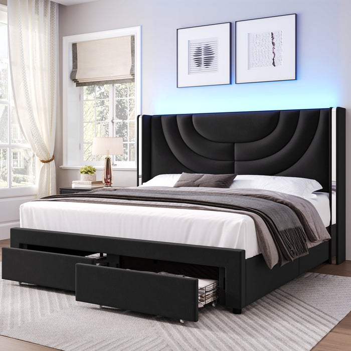 Homfa Queen Size LED Bed Frame with 2 Drawer Storage, Wingback Platfor