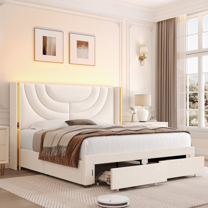 Homfa Queen Size LED Bed Frame with 2 Drawer Storage, Wingback Platfor