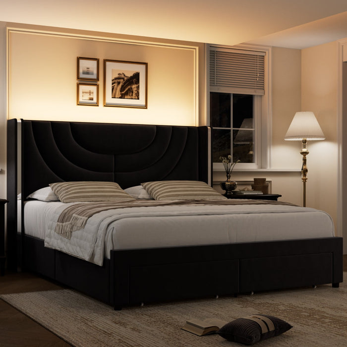 Homfa Queen Size LED Bed Frame with 2 Drawer Storage, Wingback Platfor