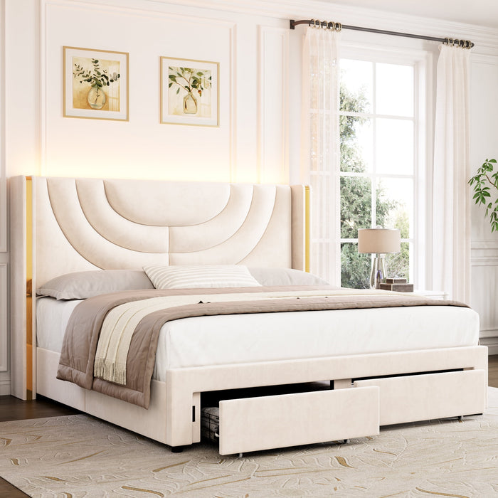 Homfa Queen Size LED Bed Frame with 2 Drawer Storage, Wingback Platfor