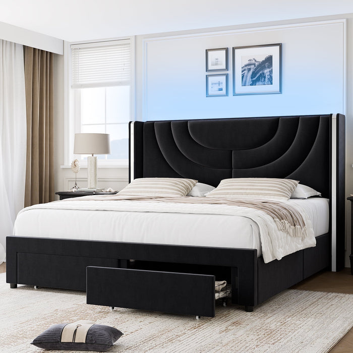Homfa Queen Size LED Bed Frame with 2 Drawer Storage, Wingback Platfor