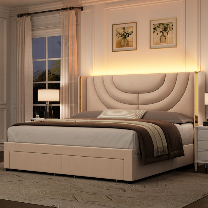 Homfa Queen Size LED Bed Frame with 2 Drawer Storage, Wingback Platfor
