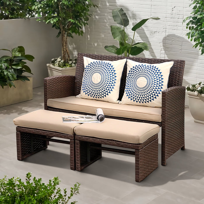 Outdoor Loveseat Patio Furniture Rattan Conversation Set, with Ottoman