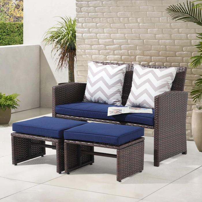 Outdoor Loveseat Patio Furniture Rattan Conversation Set, with Ottoman