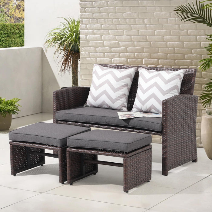 Outdoor Loveseat Patio Furniture Rattan Conversation Set, with Ottoman