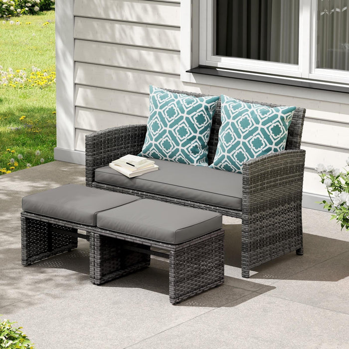 Outdoor Loveseat Patio Furniture Rattan Conversation Set, with Ottoman
