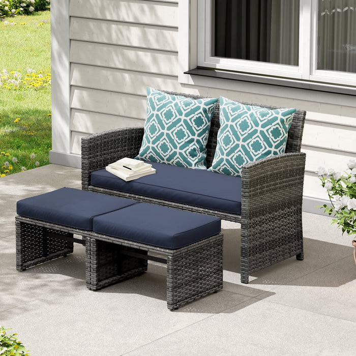 Outdoor Loveseat Patio Furniture Rattan Conversation Set, with Ottoman