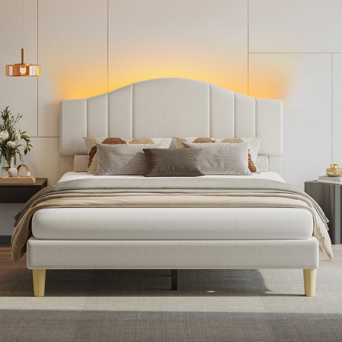 Pinmoco Queen Upholstered Bed Frame with Adjustable Arc-shaped Headboa