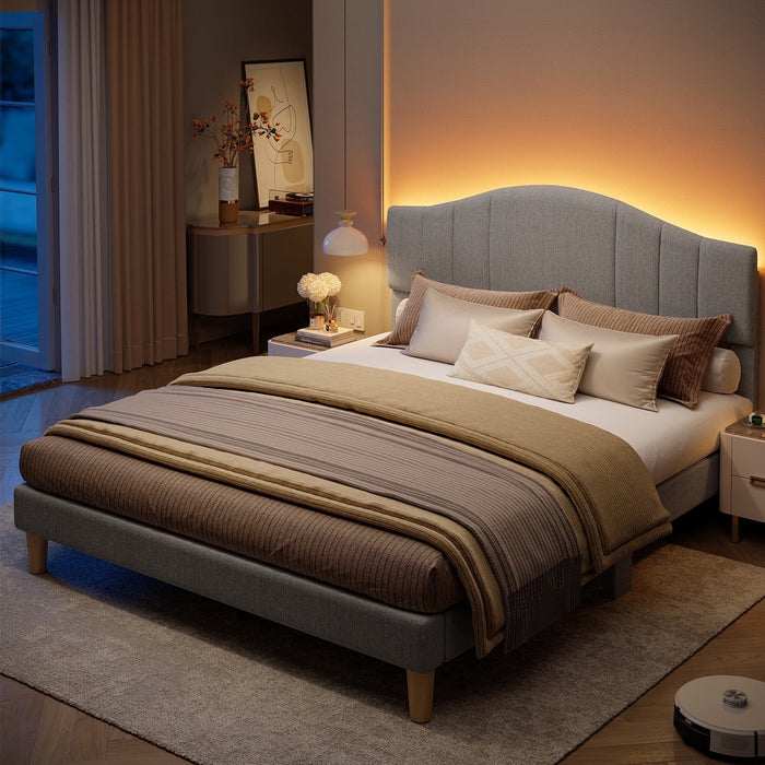 Pinmoco Queen Upholstered Bed Frame with Adjustable Arc-shaped Headboa