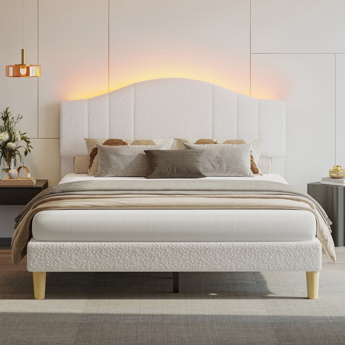 Pinmoco Queen Upholstered Bed Frame with Adjustable Arc-shaped Headboa