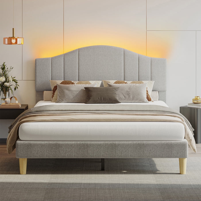 Pinmoco Queen Upholstered Bed Frame with Adjustable Arc-shaped Headboa
