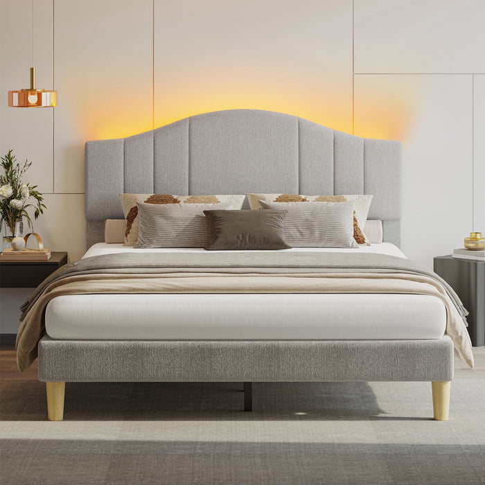 Pinmoco Queen Upholstered Bed Frame with Adjustable Arc-shaped Headboa
