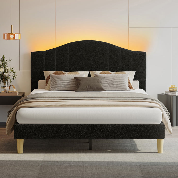 Pinmoco Queen Upholstered Bed Frame with Adjustable Arc-shaped Headboa