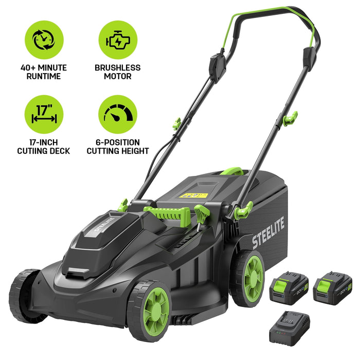 Steelite 17" Cordless Lawn Mower, 2x21V Battery Powered Walk-Behind Pu
