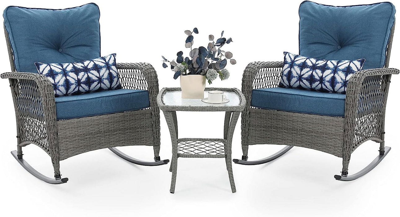 Techmilly 3-Piece Outdoor Rocking Chairs, Wicker Patio Furniture with