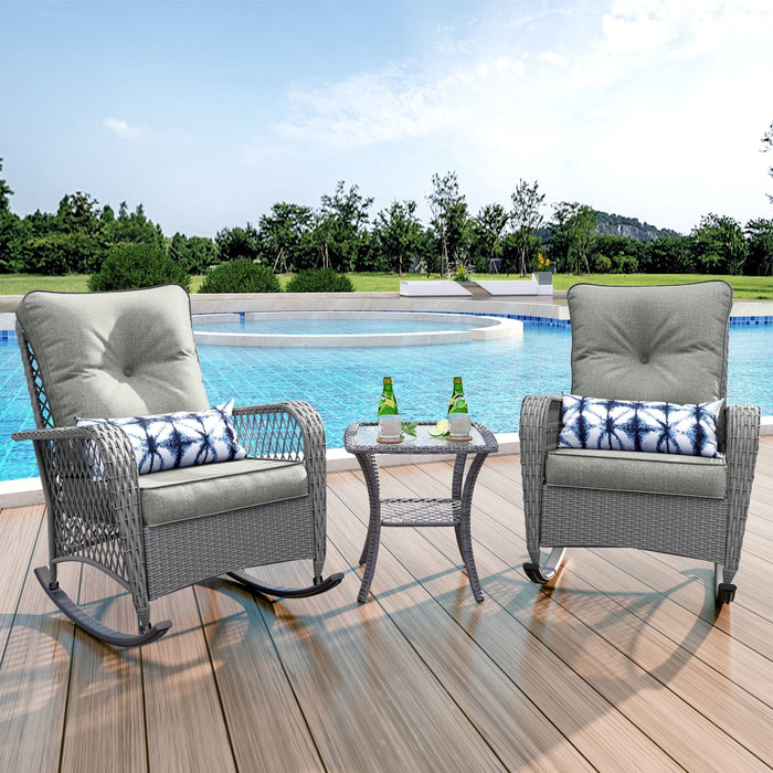 Techmilly 3-Piece Outdoor Rocking Chairs, Wicker Patio Furniture with