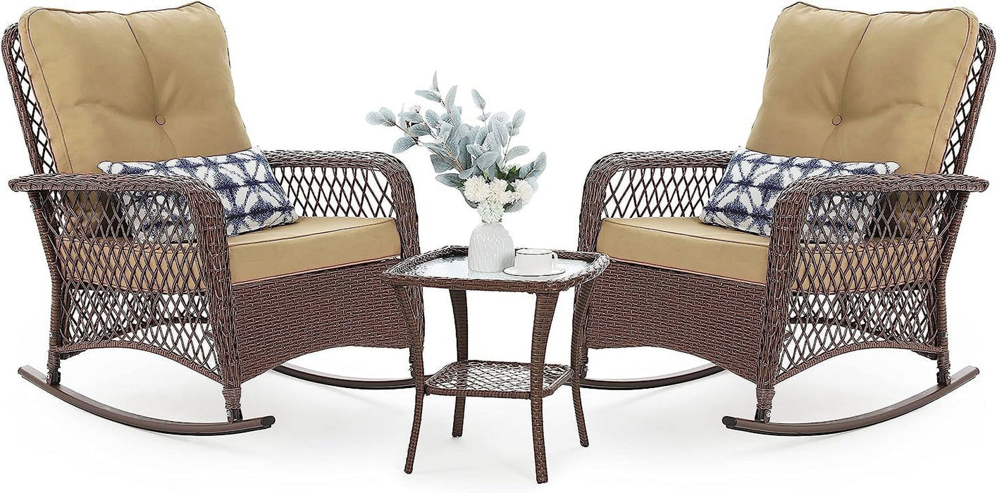 Techmilly 3-Piece Outdoor Rocking Chairs, Wicker Patio Furniture with