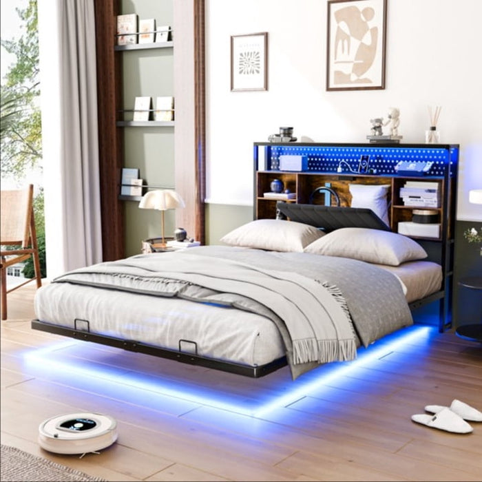 UBesGoo Full Floating Platform Bed, Burnt Wood Storage Headboard Full