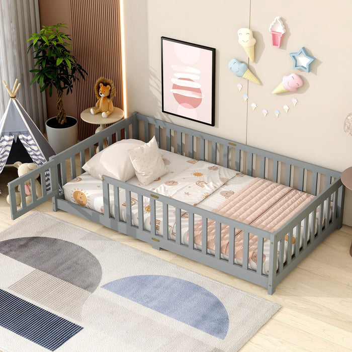 Twin Size Floor Bed with Door and Fence, UHOMEPRO Montessori Floor Bed