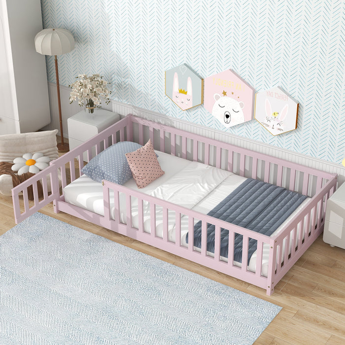 Twin Size Floor Bed with Door and Fence, UHOMEPRO Montessori Floor Bed