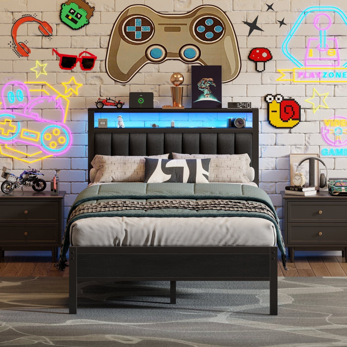 Tydimor Full Size Platforrm Bed Frame with Charging Station, LED Stand