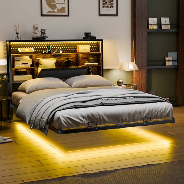 UBesGoo Full Floating Platform Bed, Burnt Wood Storage Headboard Full