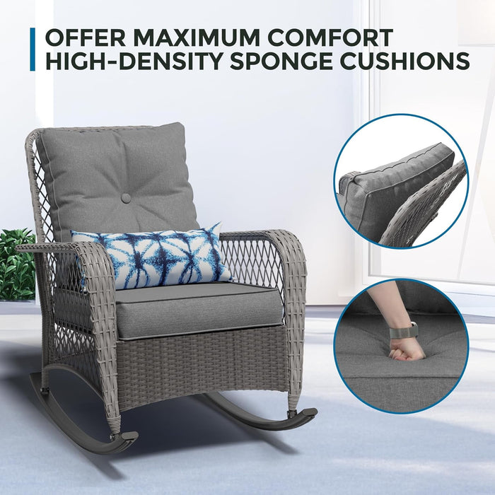 MRUAKA Outdoor Rocking Chairs Set of 3, Wicker Patio Furniture with Th