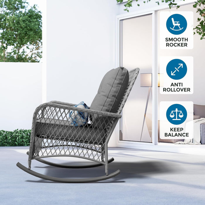 MRUAKA Outdoor Rocking Chairs Set of 3, Wicker Patio Furniture with Th