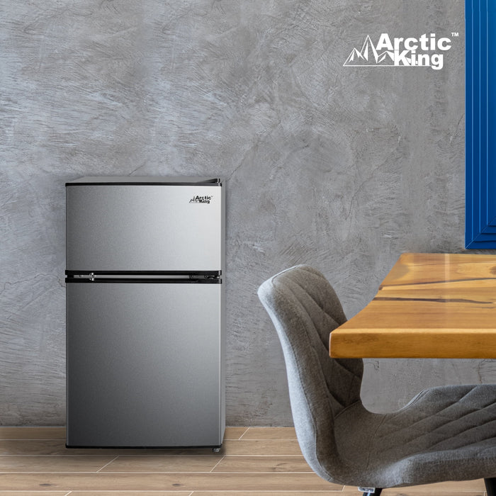 Arctic King 3.2 Cu Ft Two Door Mini Fridge With Freezer Stainless Stee