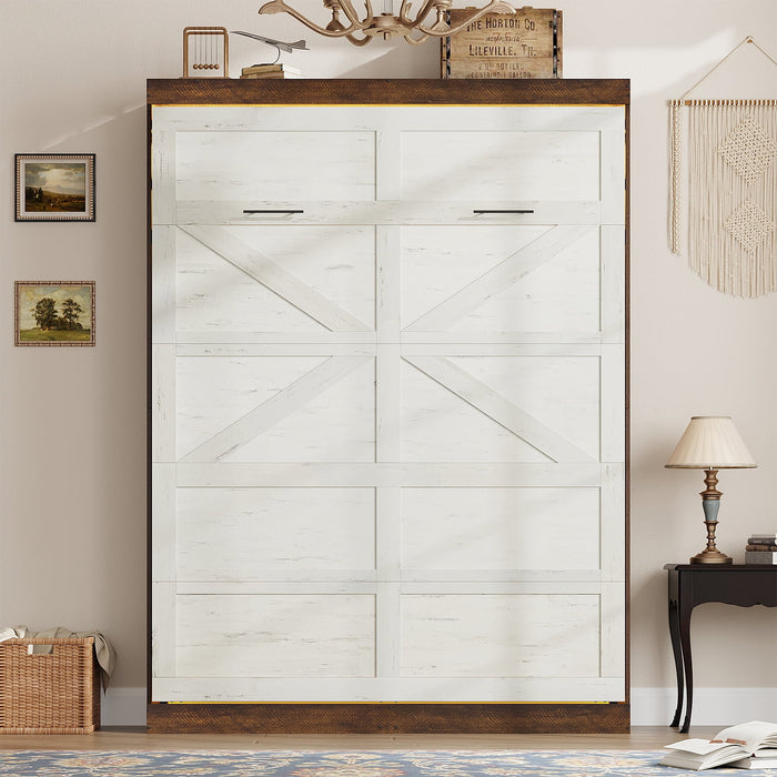 ChVans Queen Size Murphy Wall Bed with 2 LED Lights, Farmhouse Wood Sp
