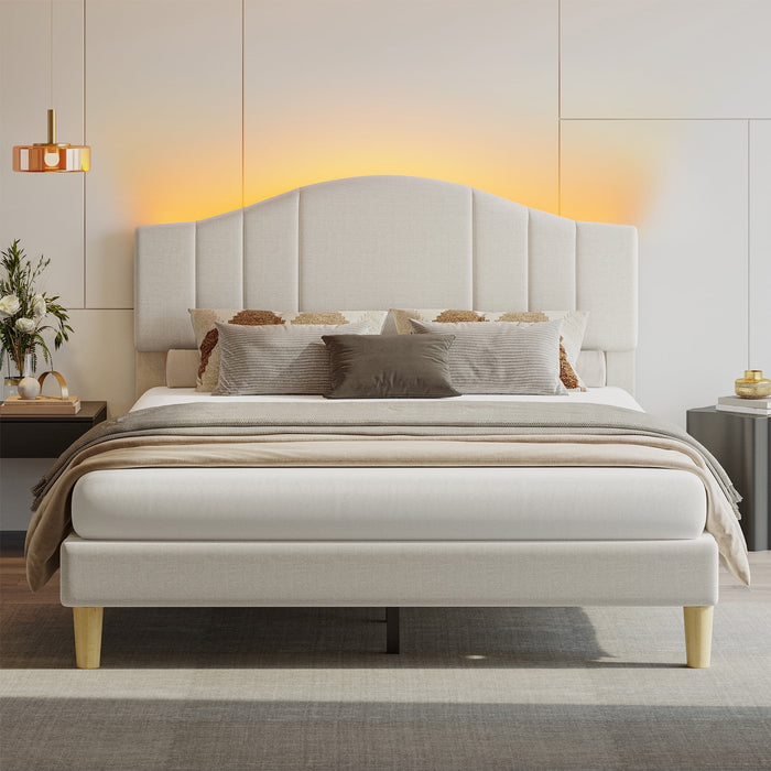 Pinmoco Queen Upholstered Bed Frame with Adjustable Arc-shaped Headboa